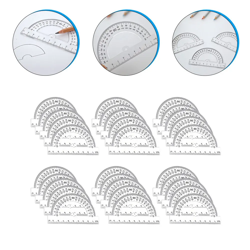 30Pcs 프리미엄 플라스틱 각도기 0-180도 듀얼 스케일 인치 Cm 눈금자 학생용 문구 제도 수학 수업 학교용