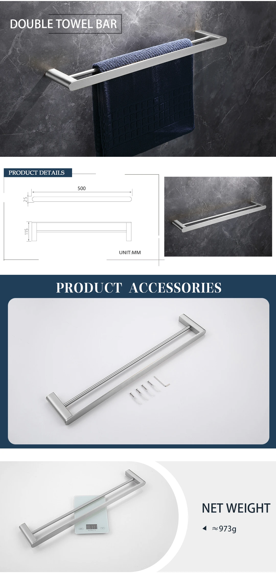 Brushed Bathroom Hardware Accessories Set  Brass Kit Towel Bar Ring Robe Hook Paper Holder Towel Ring Toilet Brush