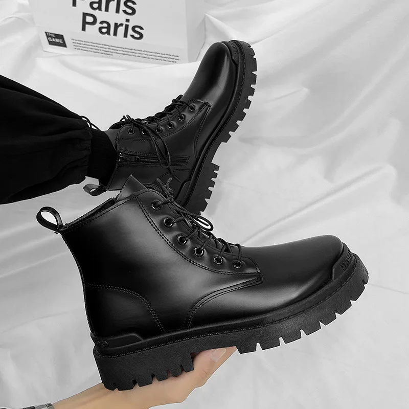 

Fashionable All-match Heightened Men's Boots Nice Autumn New Men's Trendy Motorcycle Leather Boots Black High-top Tooling Boots