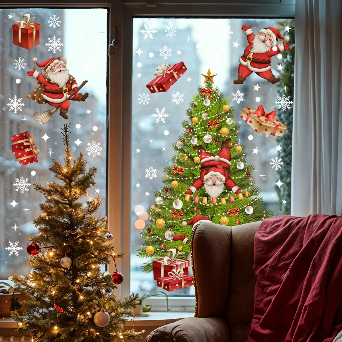 Santa Claus Christmas Tree Snowman Gift Snowflake Window Sticker 30x60cm Double-Sided Static Cling Glass Decal for Home Decor