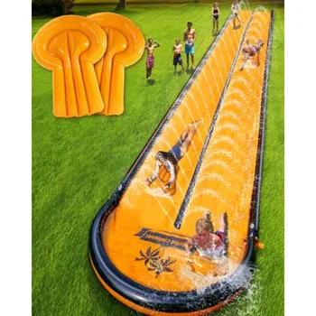 Backyard water slide for kids and adults, PVC material, blue and yellow, 32ft extra-long slip-and-slide with pool and 2 inflata 1