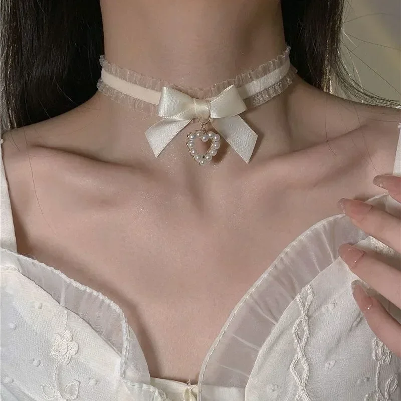 Women's Choker Cute Collar Lolitas Handmade Vintage Lace Heart Gothic Bow Knot Necklace Girls Uniform Accessories