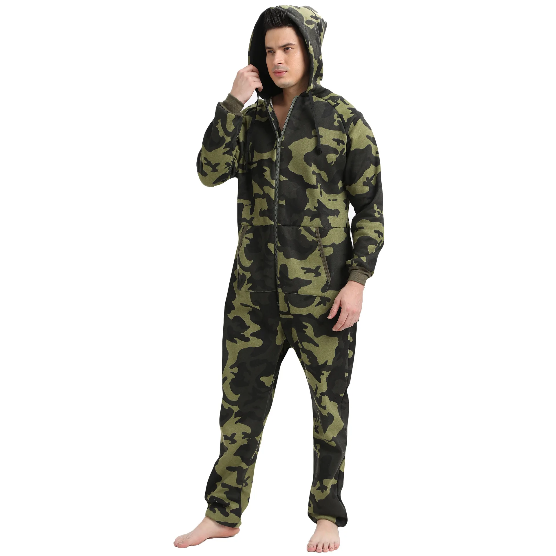 Men Long Sleeve Hooded Onesie Homewear Spring Autumn Green Camouflage Print Pajamas Sleepwear