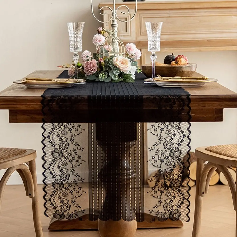 Hollowed Out Lace Jacquard Table Runner Semi-Sheer Floral Embroidered Table Doilies Reusable French Romantic