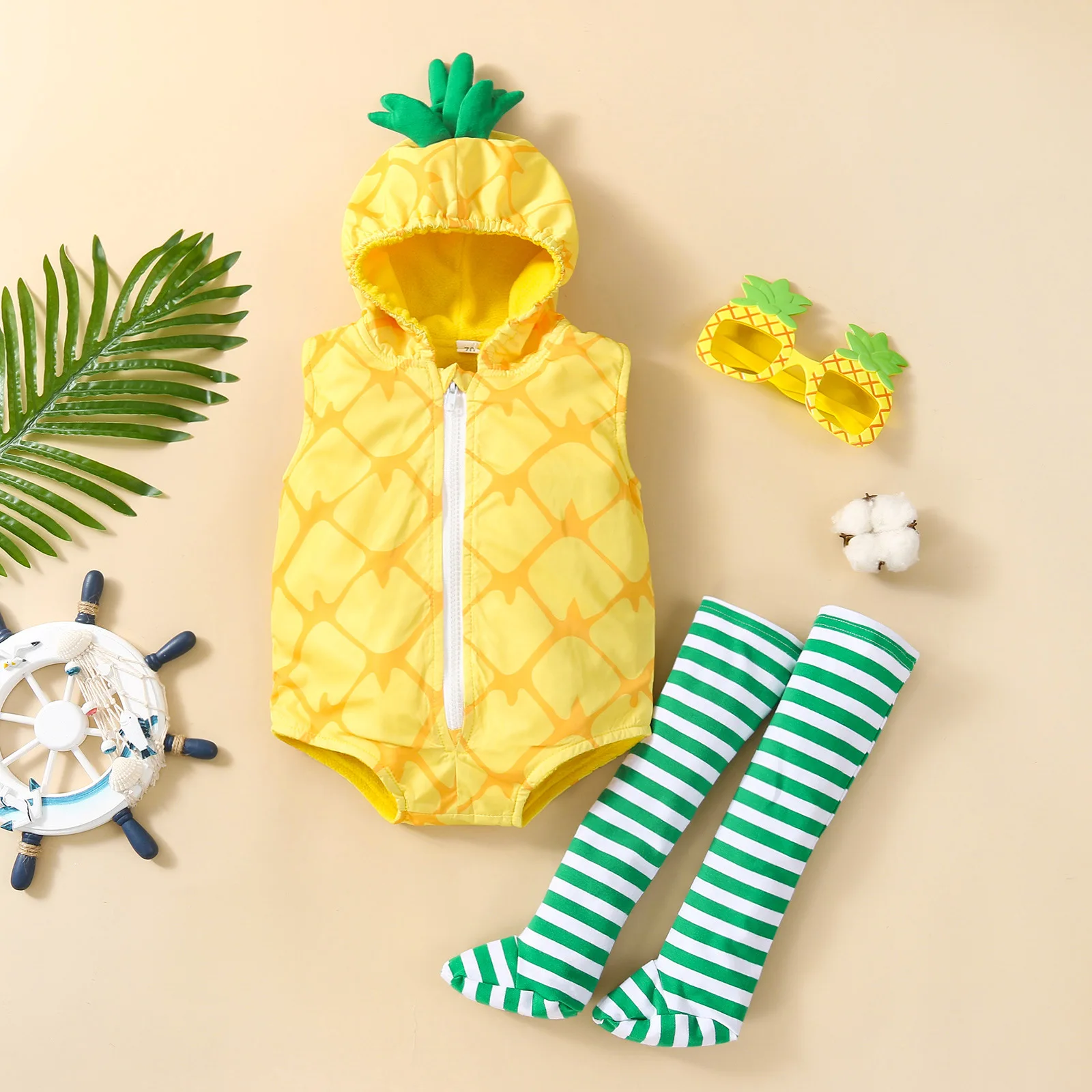 0-24M Baby Girls Boys Pineapple Costume Infant Bodysuit Short Romper Hoodie Purim Halloween Fancy Dress with Stockings