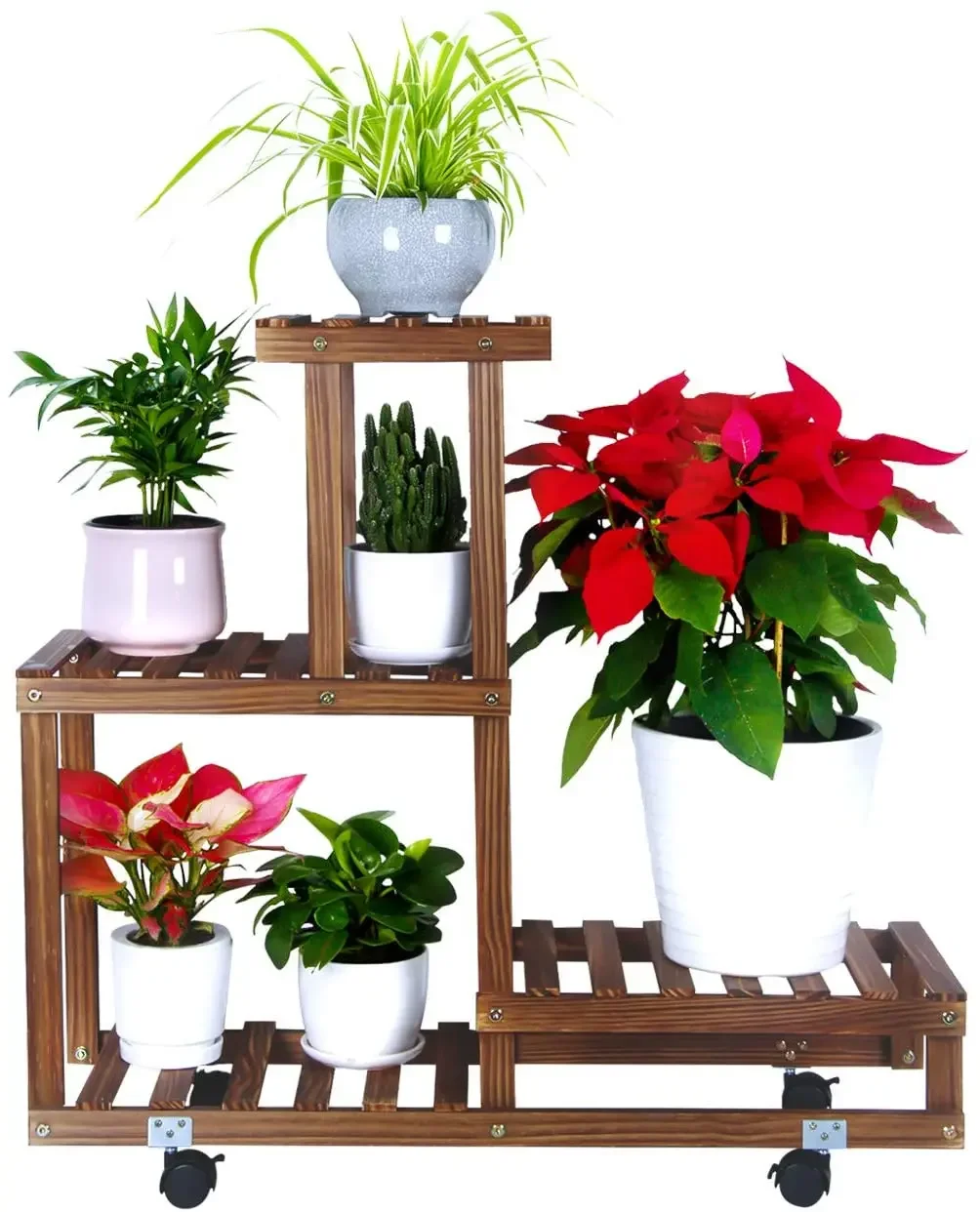 Wood Plant Stand with Wheels Potted Indoor&Outdoor Multi-Layer Rolling Plant Stand Rack Higher & Lower Planter Display Shelving retro wood storage rack desktop three layer shelving magazine books storage cabinet metal hooks can be hung storage rack