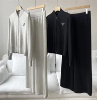 Women's Pants Suit Cashmere Beaded Stand Collar Knitted  Cardigan Jacket + High waist Wide-leg Trousers 2-Piece Set Autumn Winte 1