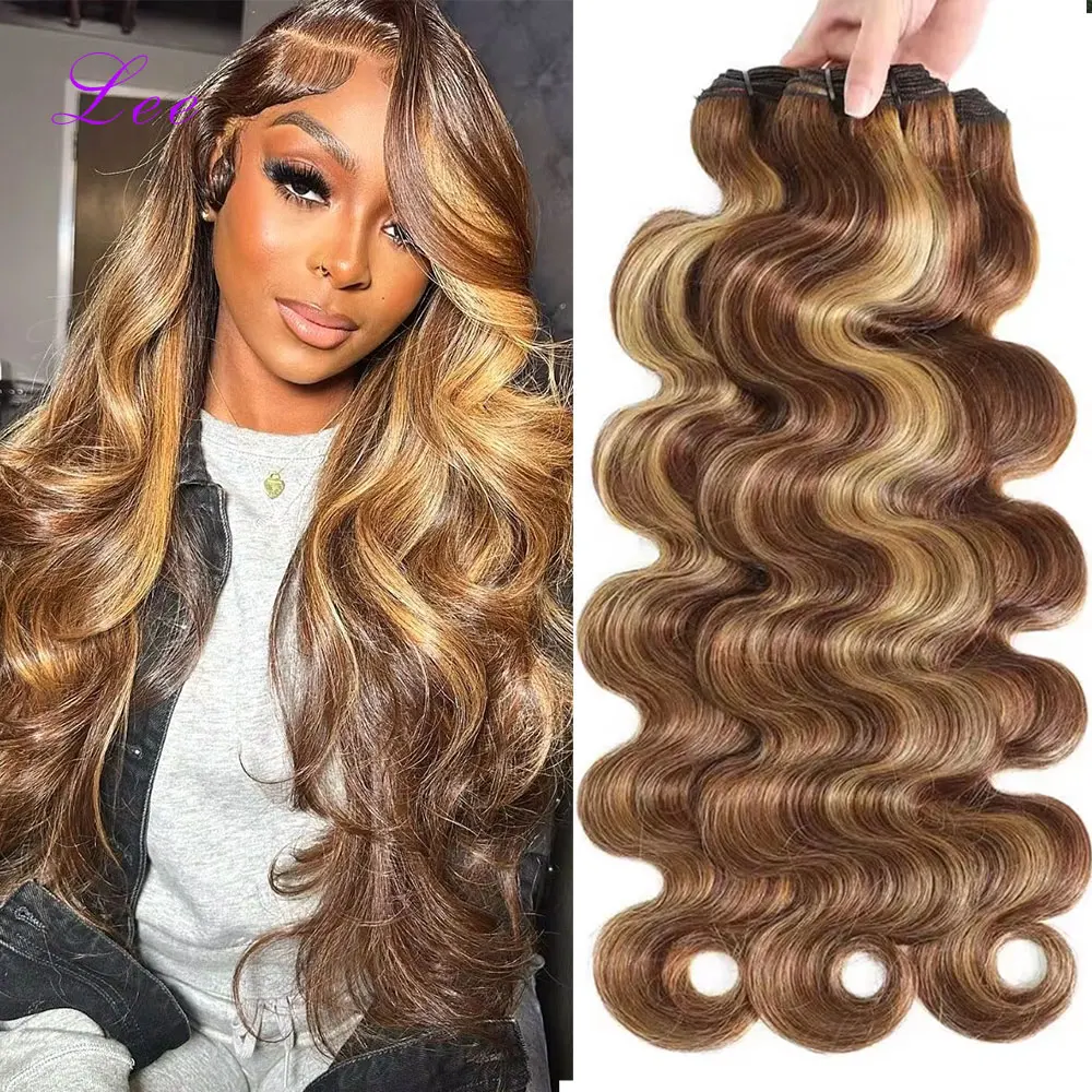 30 40 Inch 16A Highlight Ombre Body Wave Bundles Human Hair Brazilian Pure Human Hair 2 3 4 PCS Colored 4/27 Weave Raw Hair Bundles Extensions For Women