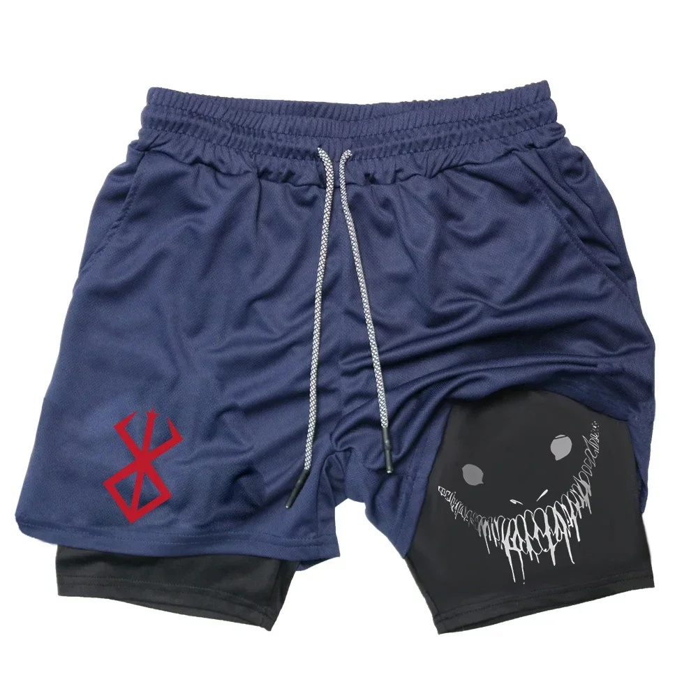 Men's 2-in-1 Gym Shorts Summer Compression Sportswear Double-layer Quick Dry Training Shorts Anime Printed Shorts Pants Workout 3