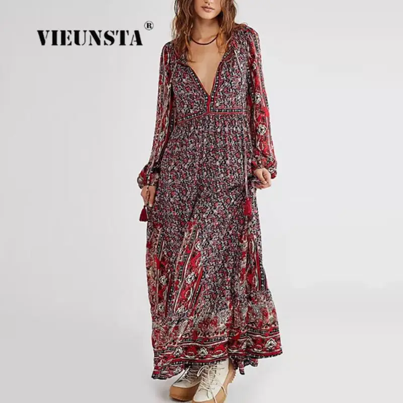 

Autumn Full Sleeve Vintage Party Dress Elegant Boho Pattern Stitching Fringe Loose Maxi Dresses Women Elegant Lace-Up Long Dress