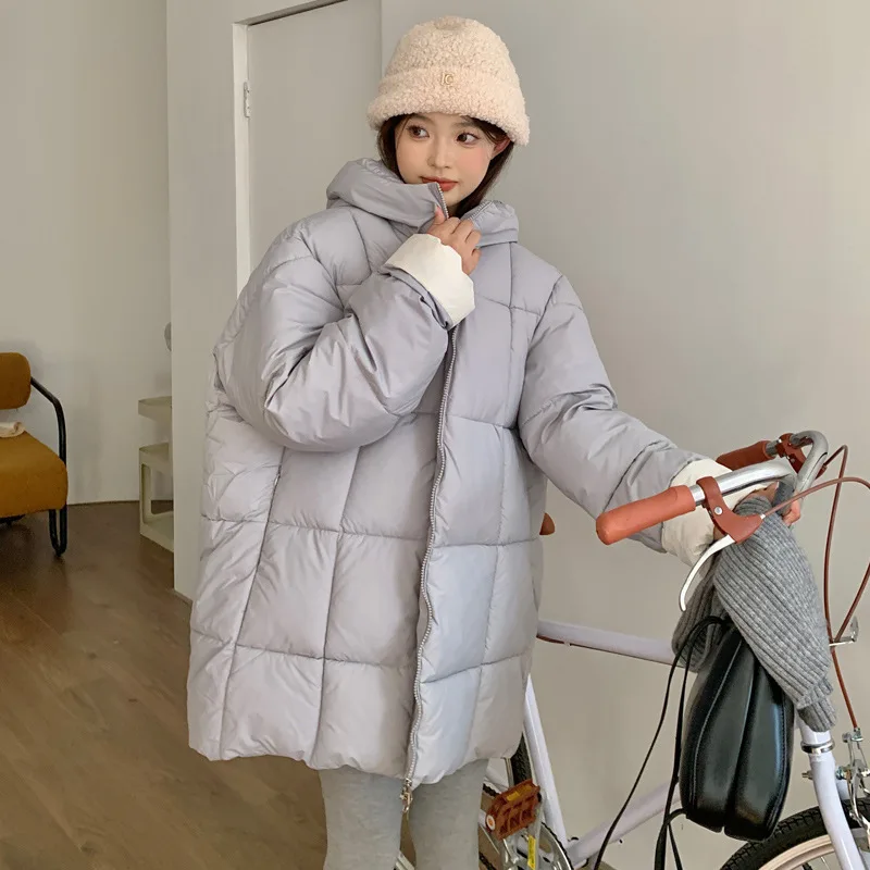 

2023 Winter New Solid Color Korean Style Down Jacket Women's Loose Hooded Mid-length Thickened Cotton Jacket Trendy
