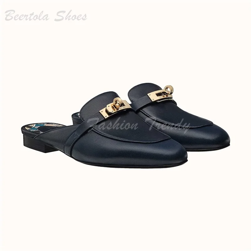 

Gold Pull Buckle Black Leather Women Slippers Slingback Round Flat Graffiti Insole Silver Metallic Brown Mixed Color Casual Shoe