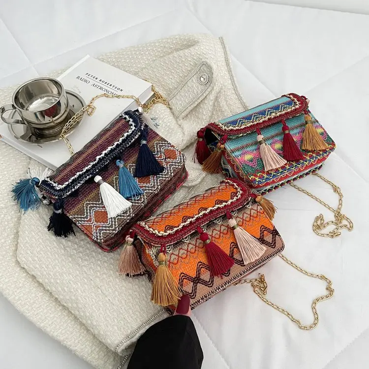 Tassel Bohemia Shoulder Square Bag Embroidery Summer Handwoven Beach Mix Contrast Color Designer Thin Metal Strap Hasp Pocket