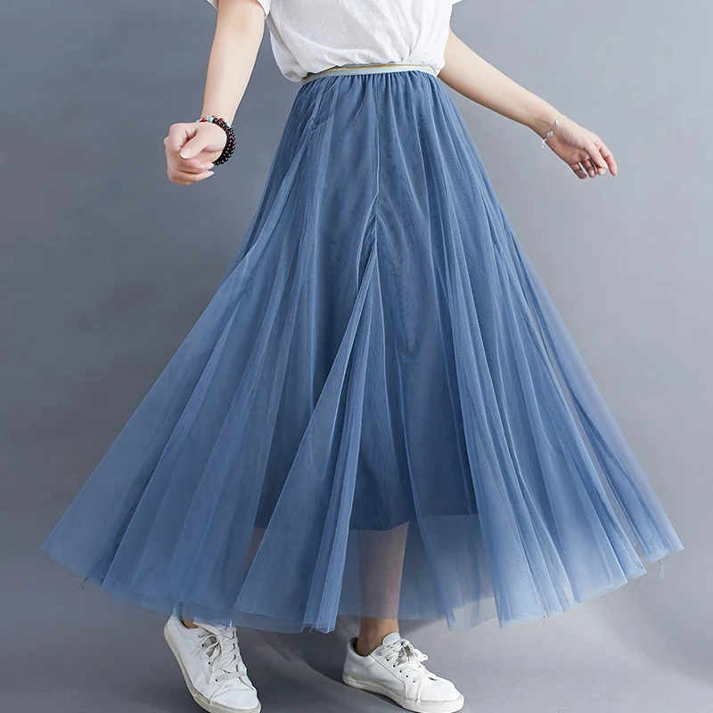 

Mesh Pleated Skirt Tutu Tulle Female Mid-Calf Linning Elegant Korean Casual Korean Lady Jupe Longue Long Bouffant Puffy Clothes