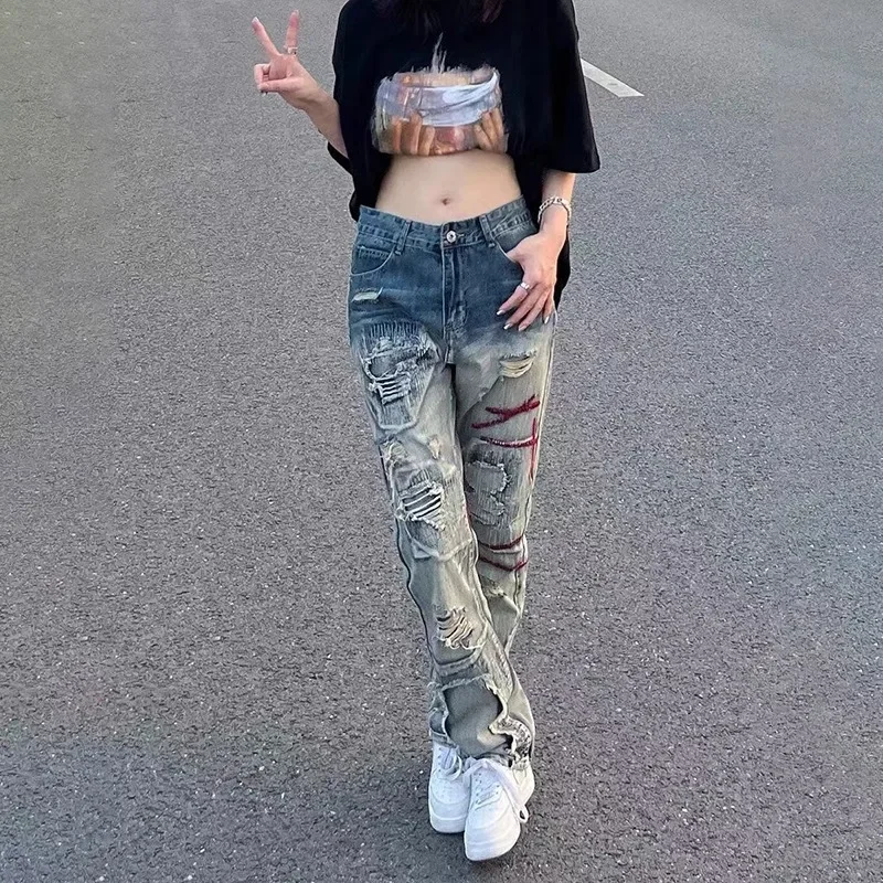 Vibe Streetwear American Style Vintage Ripped Straight Leg Denim Pants Men's Washing Destructed Slims Smooths Your Silhouette