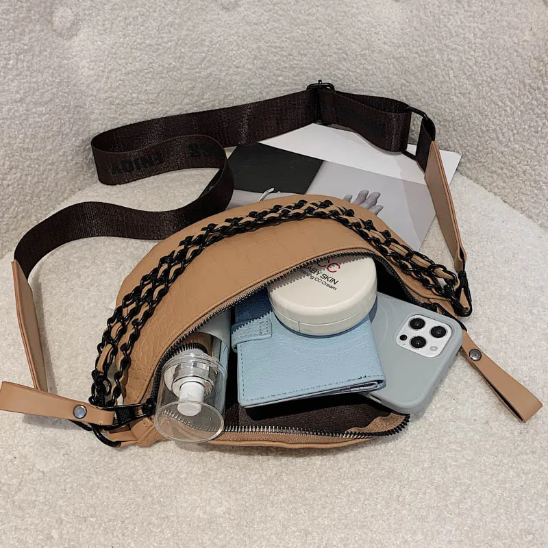 Waist Bag Chest Bag Women Soft Leather Waist Bag Autumn Chest Pack Shoulder Bag Chain Fanny Pack