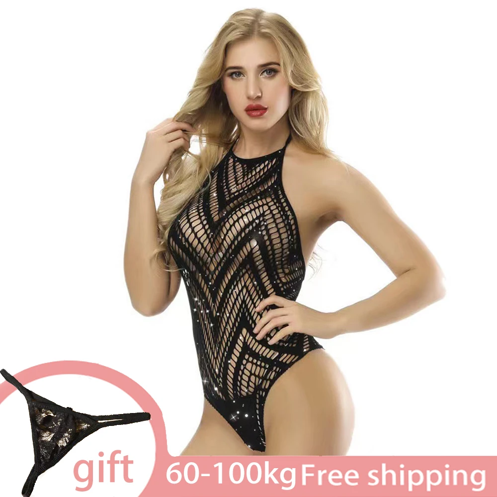 

100KG Mesh Fishnet Drill Flash Bodysuit Sexy Lingerie Women Sparkle Rhinestone Garters Erotic Bodystocking Underwear Costumes