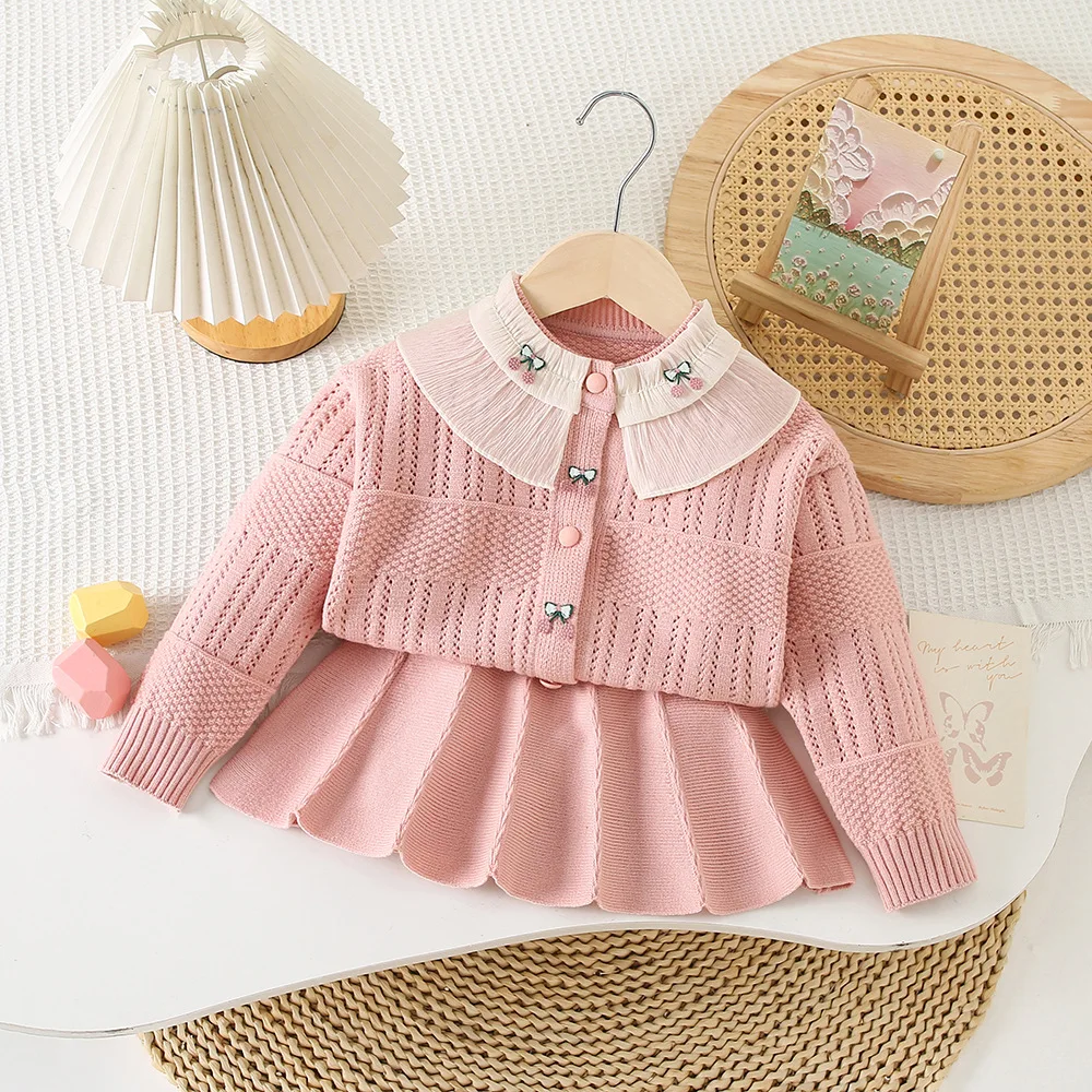 

Girls Knitted Clothing Sets Spring Autumn 2024 Children Woolen Jersey Sweater Jackets Skirts 2pcs Dress Suit For Baby Outfits 6Y