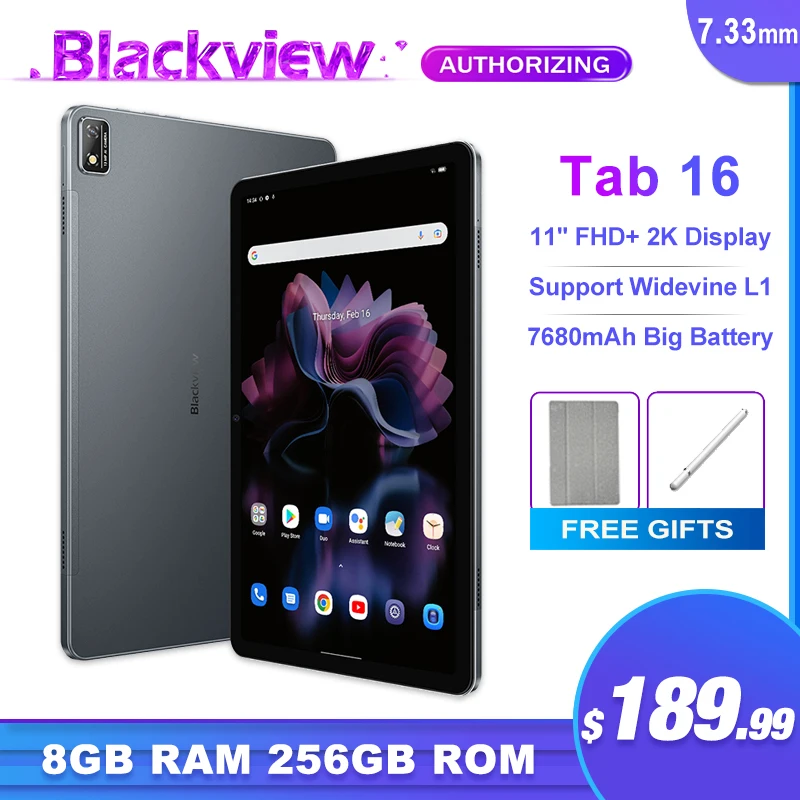Blackview Tab 16 Tablet 11 ''Fhd + 2K Display Pad 8Gb + 256Gb Android 12 7680 Mah Batteria Widevine L1 Unisoc T616 Tablet Pc
