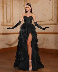 Glamorous Black Evening Dresses for Women Glitter Sequins Sleeveless Prom Gowns Sexy High Split Tiered Ruffles Celebrity Dresses