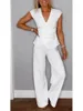 Casual Sleeveless V-neck Neckline Pleated Button Sleeveless Top 2piece Set Elegant Women Office Wide-leg Long Pants Twopiece Set 3