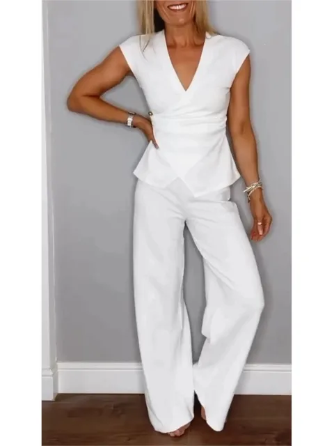 Casual Sleeveless V-neck Neckline Pleated Button Sleeveless Top 2piece Set Elegant Women Office Wide-leg Long Pants Twopiece Set 3