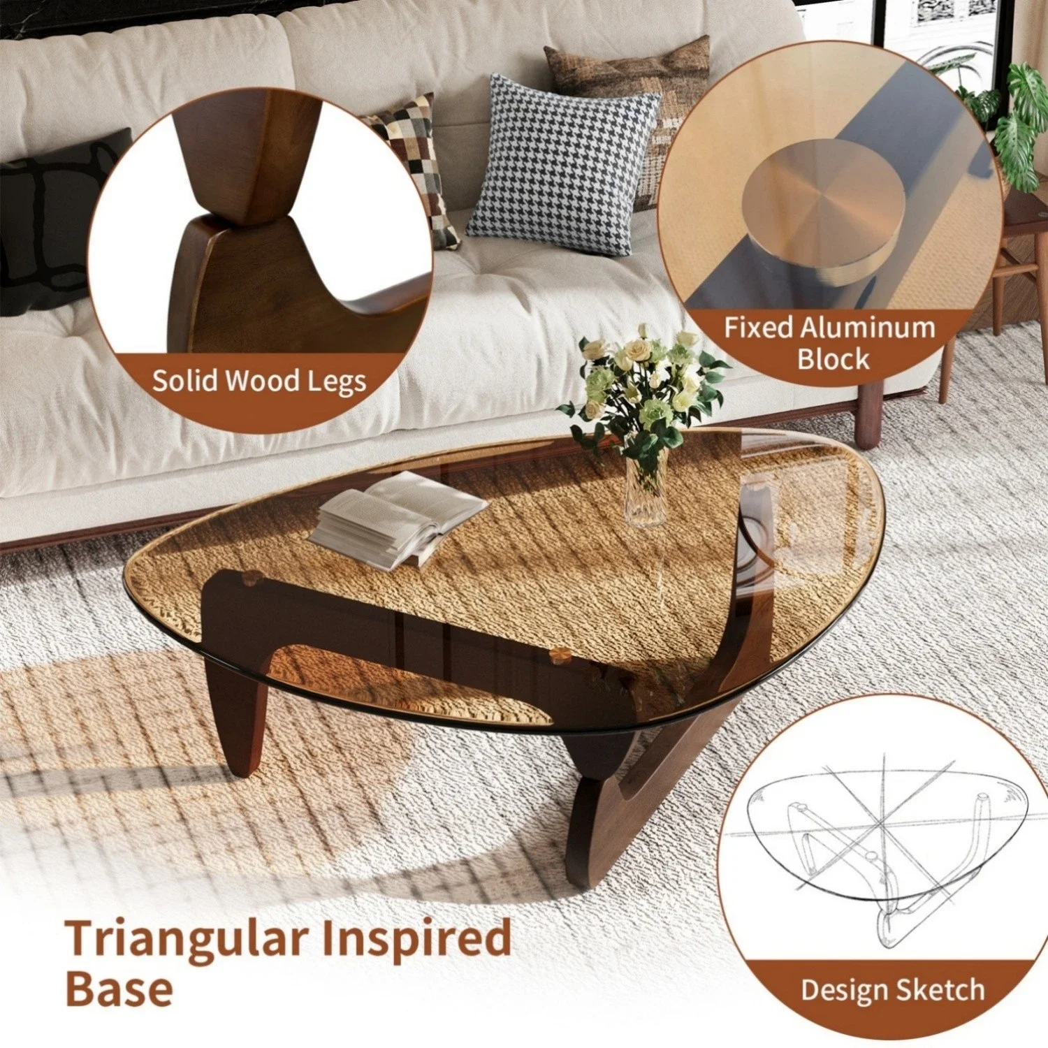 FATIVO Modern Irregular Glass Coffee Table – Amber Tempered Top 5