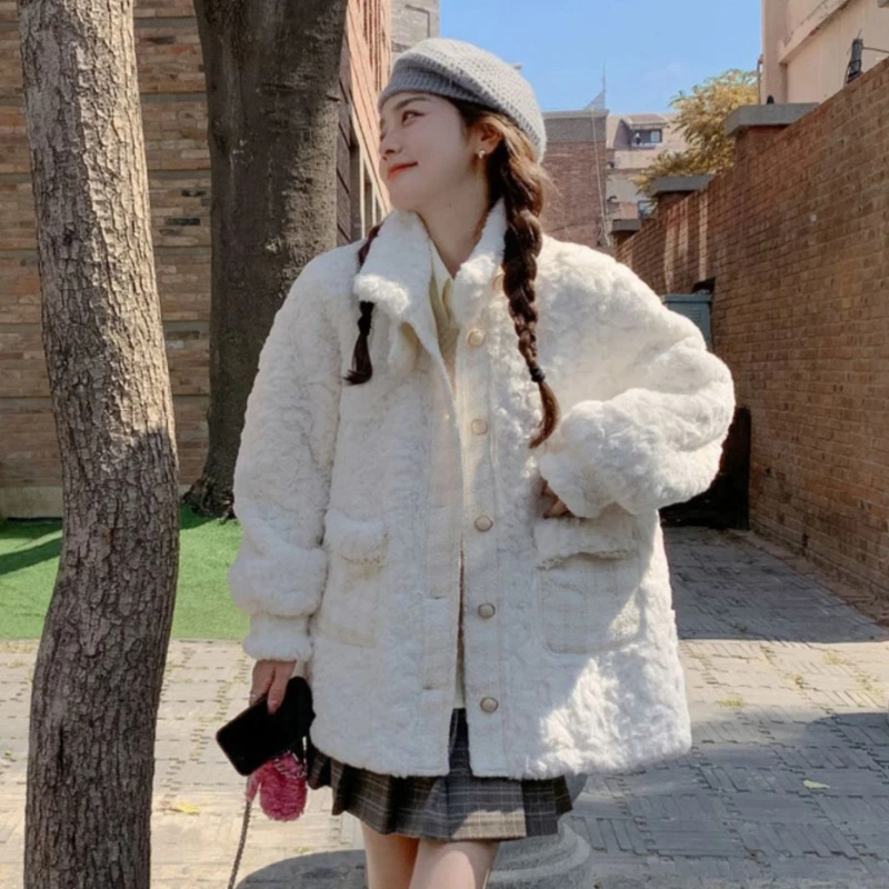 Women's Mid-Length Lamb Wool Coat, Thick, Stand Collar, Loose, Casual, White, Imitation Fur, Winter Outwear, Female Fashion, New