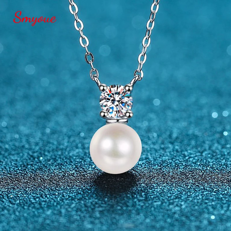 

Smyoue 0.5ct Real Moissanite Pearl Necklace for Women Wedding Classic S925 Sterling Silver 8mm Pearl Pendant Natural Freshwater