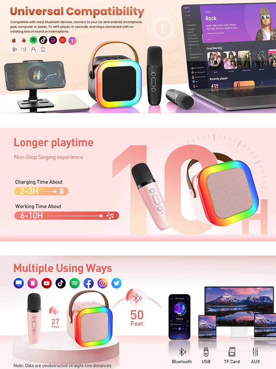 12 Pink Mini Machine, The Best Christmas Birthday Gift, Bluetooth Speaker With Wireless Microphone Player, Multiple_voghion.com