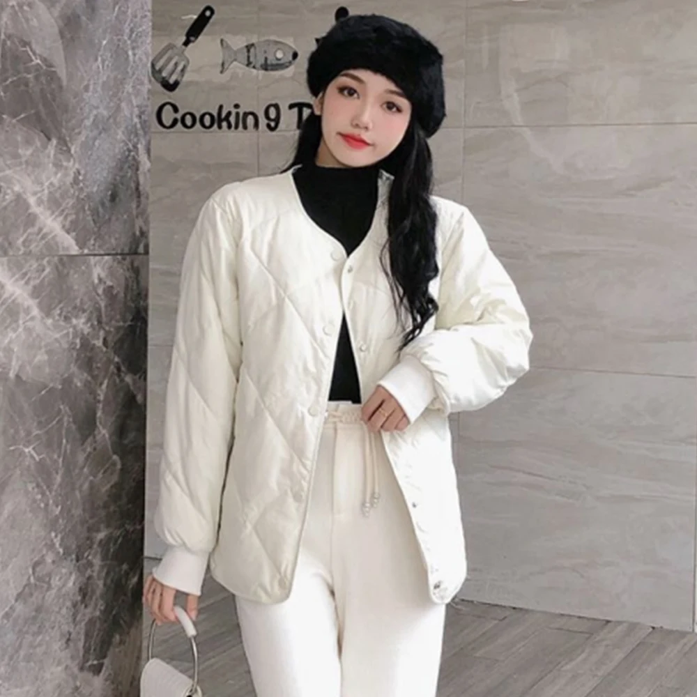 

Winter Women Cotton Jacket Korean Version Student Thick Short Down Warm Waistcoat Round Neck Diamond Checkered Casual Coat