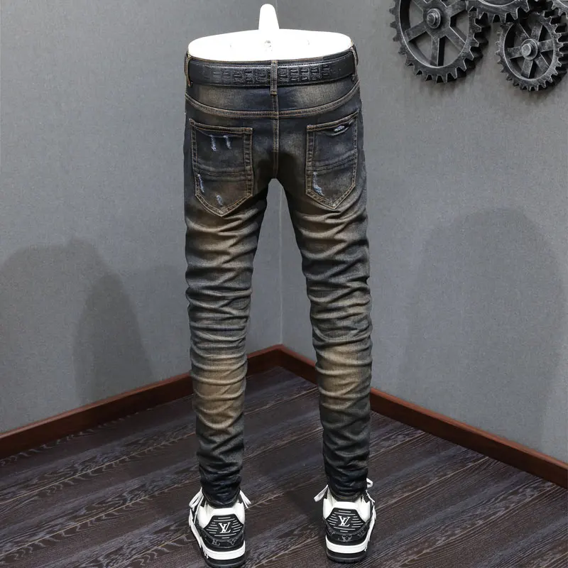 Latest Street Fashion Men's Jeans Split Vintage Black Blue Elastic Tight Jeans Men's Red Patch Designer Hip Hop Brand Pants Homb