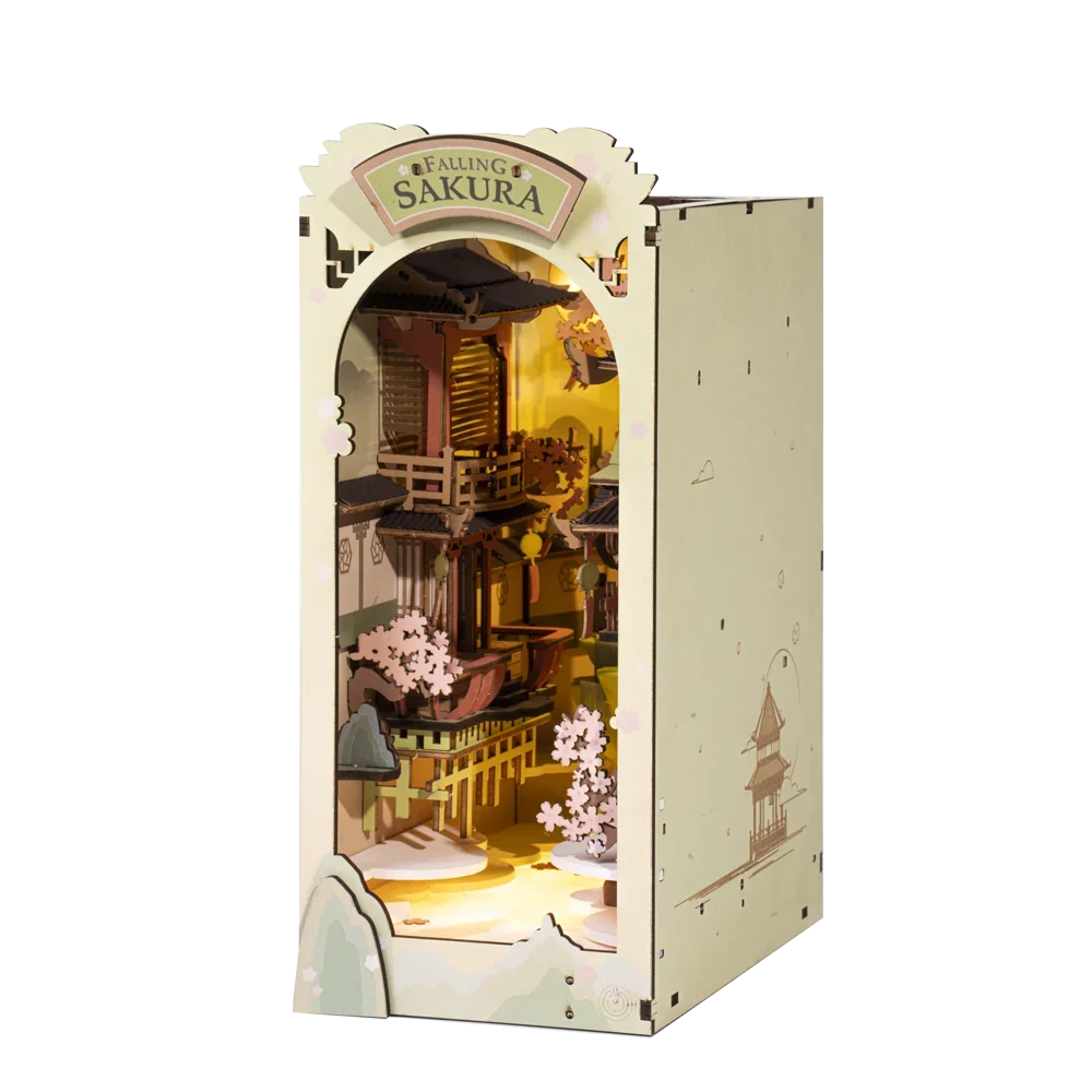 Robotime Rolife Falling Sakur Book Nook DIY Dollhouse Bookend Model Kit with LED Light Wooden Puzzle for Bookshelf Decor - TGB05 6