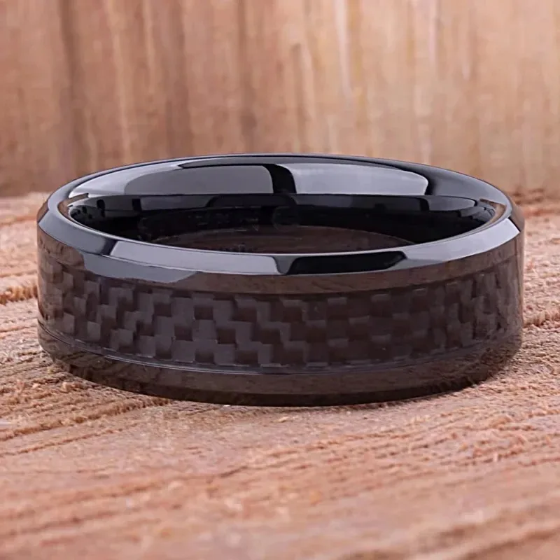 Wedding Rings 8MM Men Stainless Steel Inlaid Black Carbon Fiber for Men Women