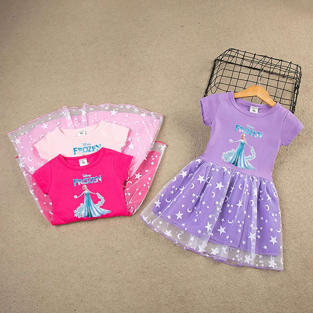 

Kids Girls Frozen Elsa Princess Dresses Summer Children's 2-12 Years Disney Cartoon Print Short Sleeve Mesh Gauze T-shirt Dress