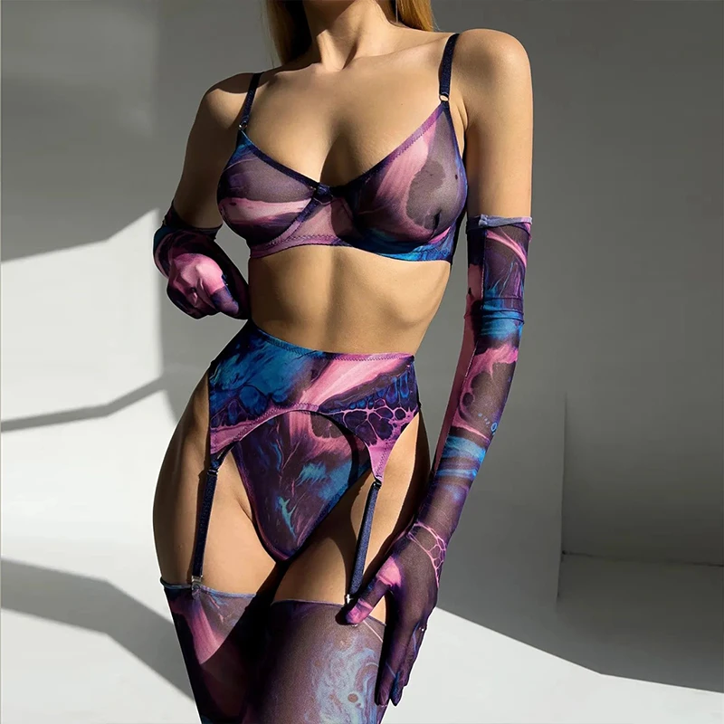 

5 Pcs/ Set Tie Dye Lingerie Bra With Stocking Sleeve Glove Sexy Babydoll Underwear Intimate Sleepwear See Through Mesh Outfits