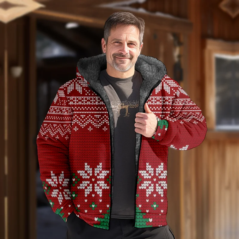 Christmas Creative Cotton Coat Hooded Sweater Casual Print Men's Fur Loop Arctic Velvet Zipper Patch Pocket Hooded Sweater