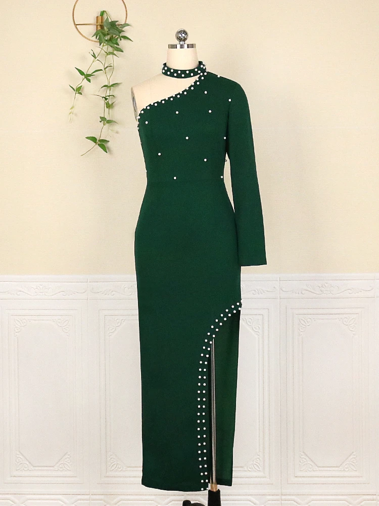 Green Plus Size Dresses Women Sexy One Shoulder Long Sleeve Bodycon Slit Evening Party Event Occasion Beads Long Prom Gown Dress
