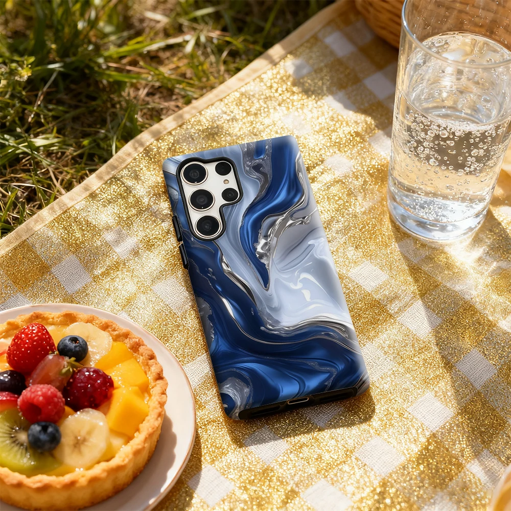 Blue and Silver Flowing Texture Glossy Double-Layer Phone Case