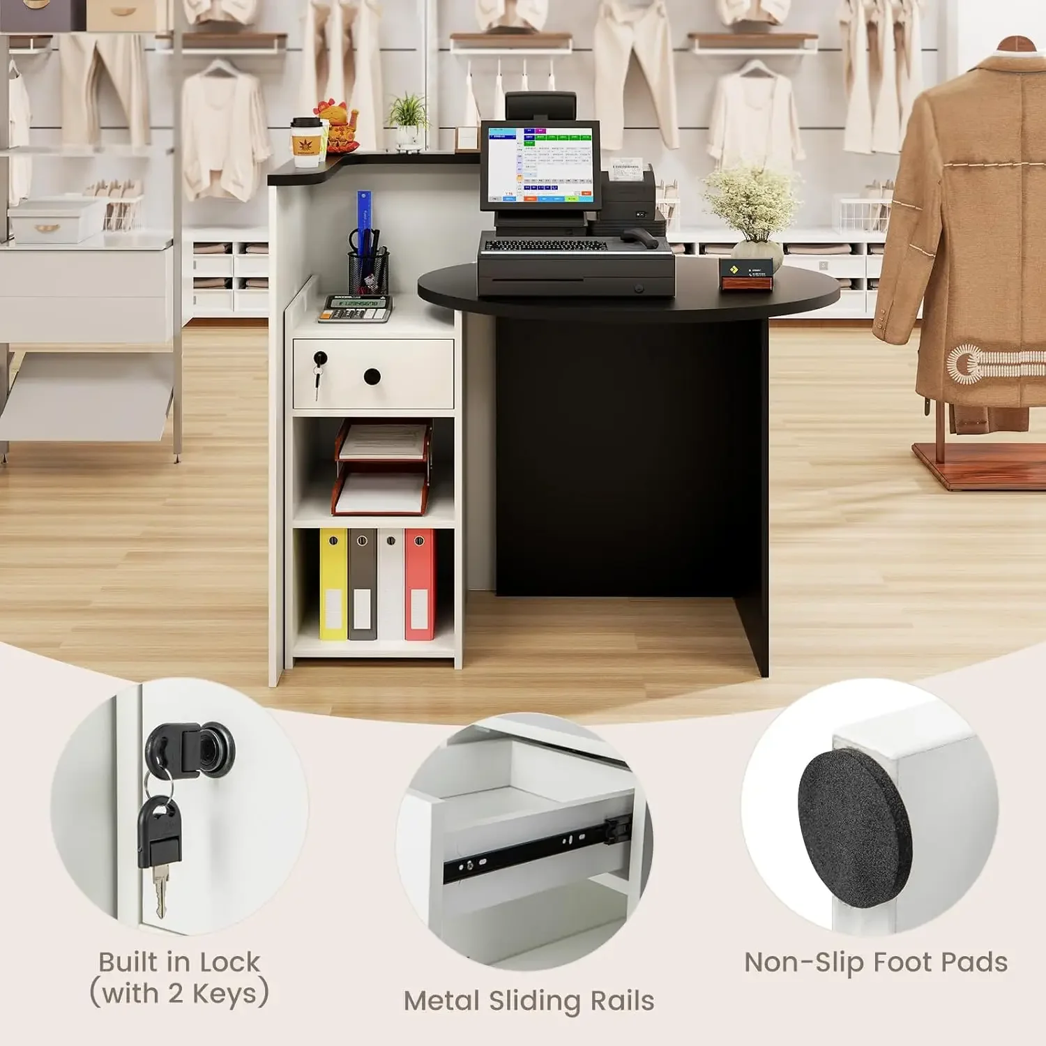 Reception Desk, Small Retail Checkout Counter with Lockable Drawer and Open Shelves, Wooden Computer Workstation