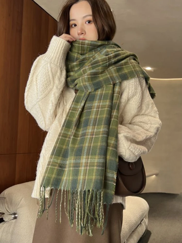 

New 2023 Winter Imitation Cashmere Women Scarf Preppy Style Vintage Plaid Scarve Pashmina Mujer Foulard Blanket Wrap Shawl