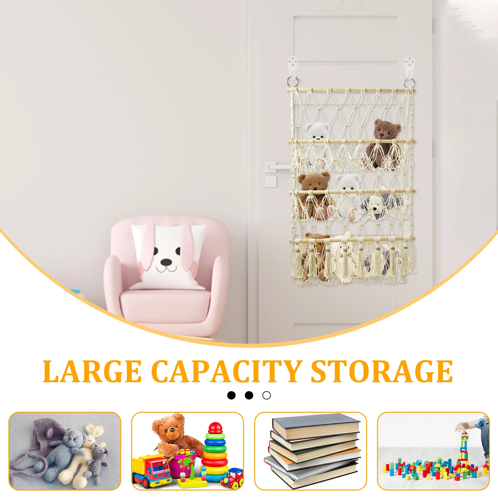 Stuffed Toy Storage Rack Handmade Woven Cotton Rope Decoration Wall Hanging Organizer Multi-layer Simple Hammock Storage Net Bag - 6