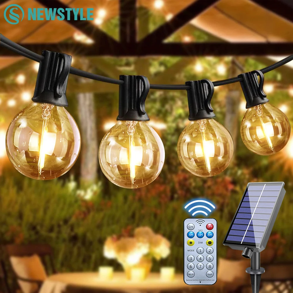 Guirnalda de luces solares G40 para exteriores, con control remoto, regulable, impermeable, con carga USB, para decoración de jardín y balcón