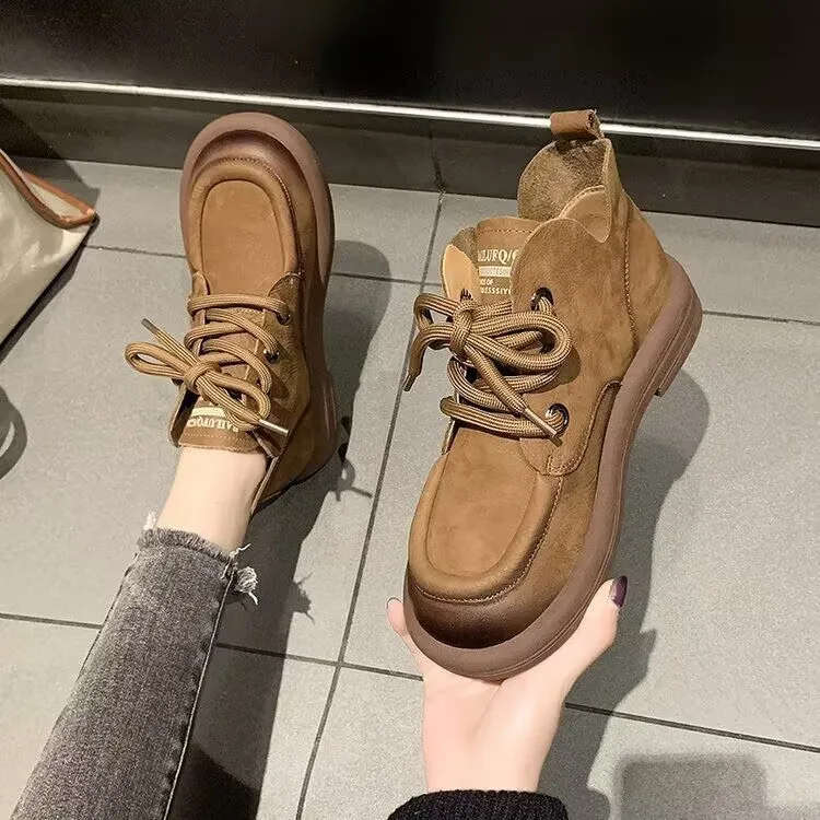 Womens Vintage Ankle Boots Brown Faux Suede Lace Up Flat Booties Woman 2025 New Fashion Solid Color Casual Short Botas Mujer