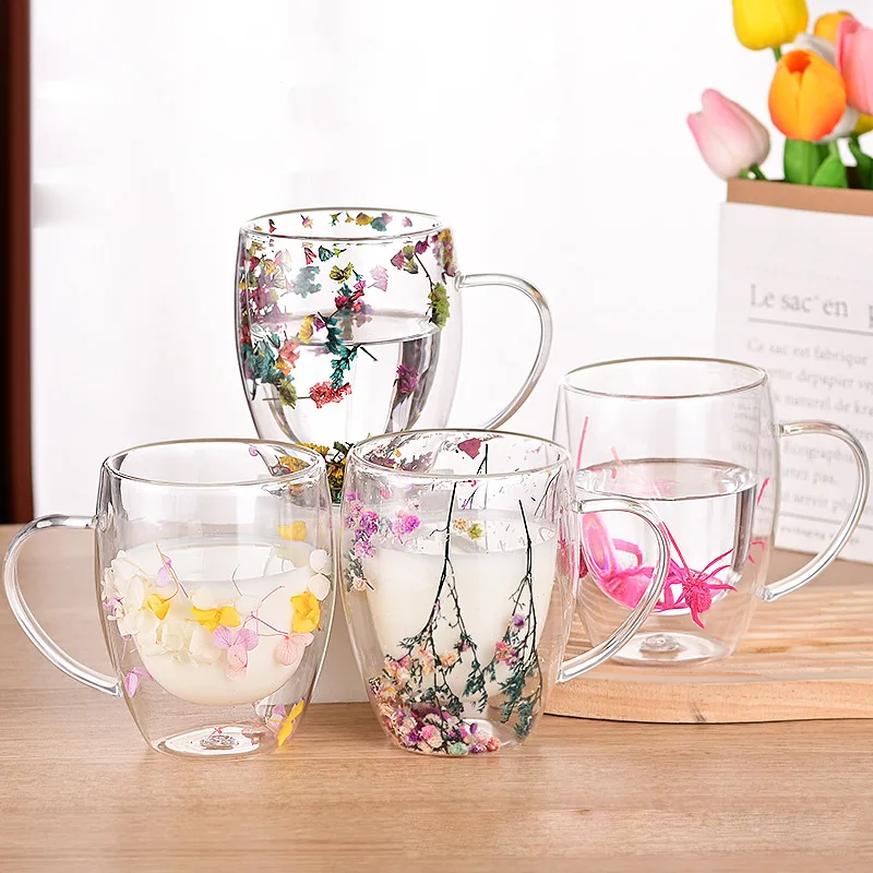 Double Wall Glass Flower Cup Dry Flowers Funny Aesthetic Cups Tea