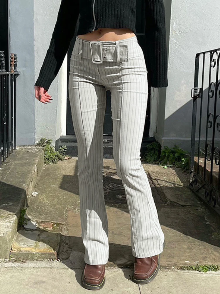 grey sweatpants Feiernan Woman Striped Pants Waistbands Design Mid Waist Flare Trousers Harajuku Streetwear White Wide Leg Bottoms Y2K Casual grey sweatpants