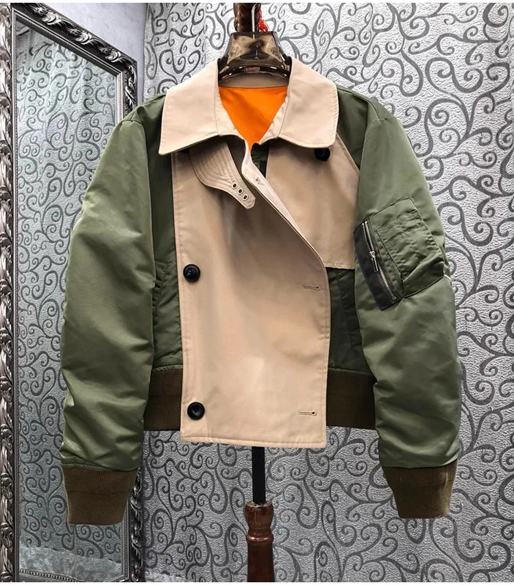 

Top Quality New Women's Coat 2023 Autumn Winter Outerwear Ladies Color Block Patchwork Long Sleeve Casual Green Blue Jackets
