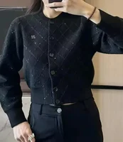 Early Autumn Women Black Knitted Sweater Long Sleeve O-Neck Diamond Pattern Single Breasted Slim Female Sequin Cardigan Tops 1