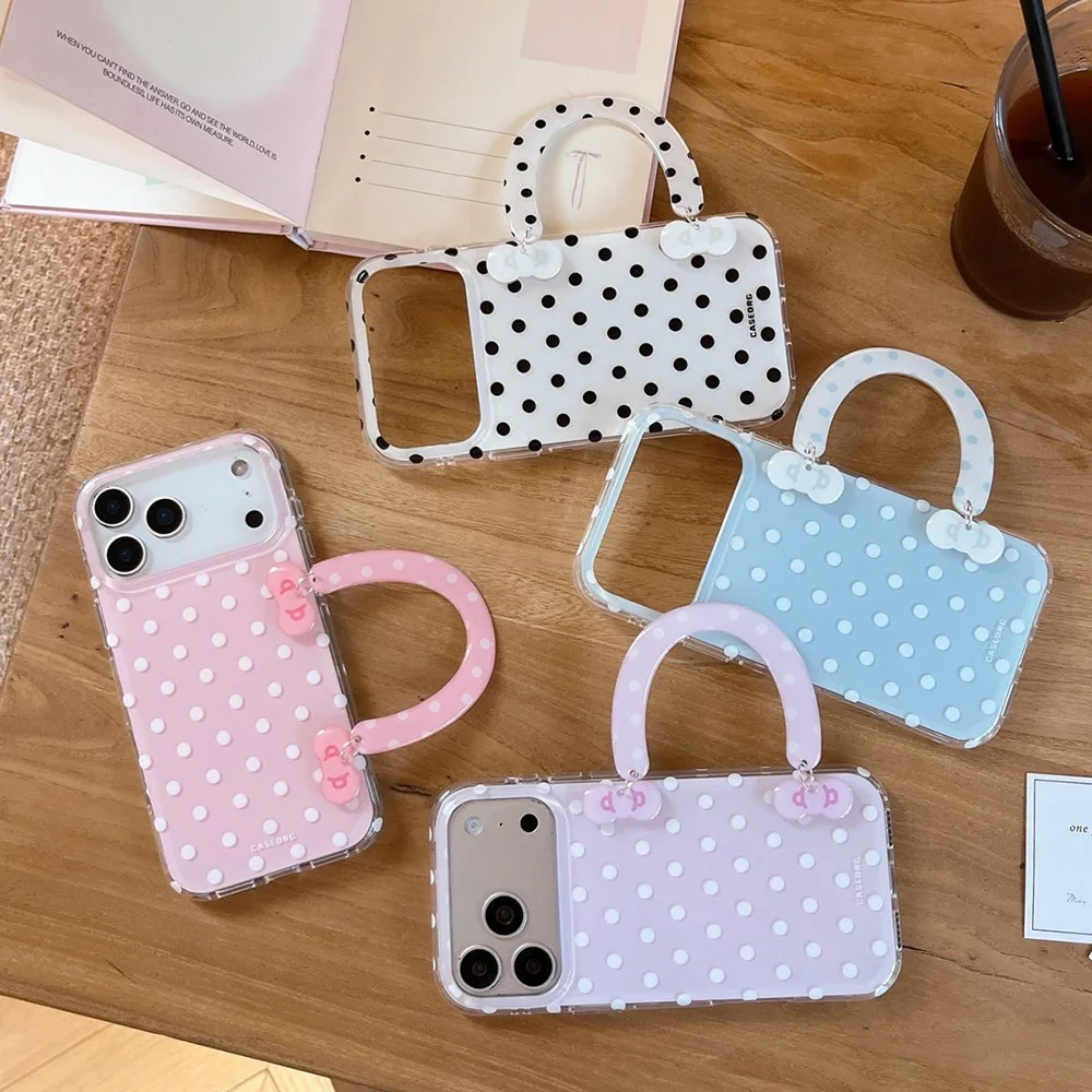 Elegant White Acrylic Phone Case with Fresh Candy Polka Bow Design