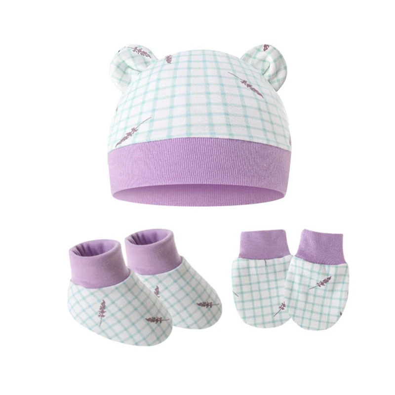 

Baby Hat Set Cute Printed Ear Shape Bonnet Gloves Socks Newborn Gifts Photography Props Headwear Infant Accessories 3Pcs Kit